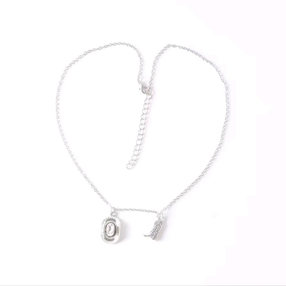 Silver Western Cowboy Hat & Boot Necklace Dainty Coastal Cowgirl Jewelry - Picture 9 of 12